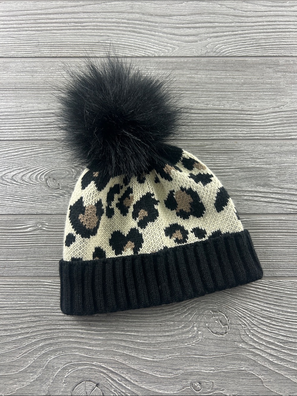 Shiraleah Leopard Knit Pom Beanie - Black & Cream